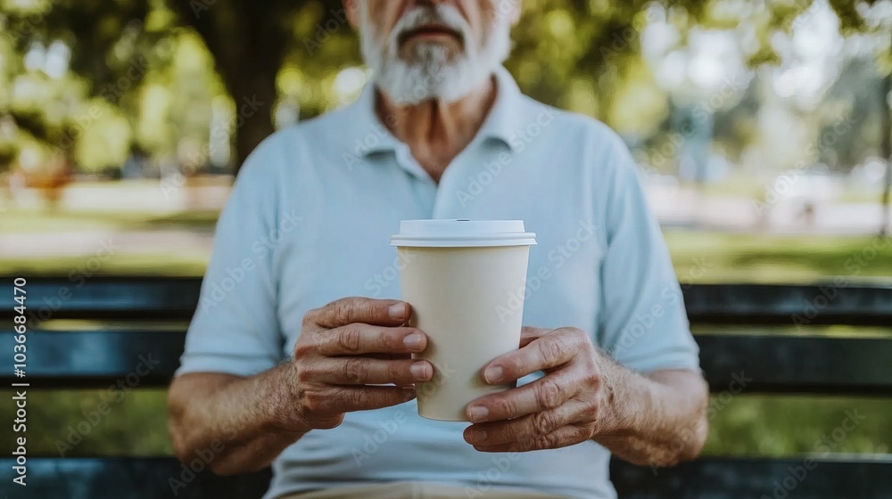 Middle-aged man with slight tremor holding cup of coffee on park bench, symbolizing struggle with Parkinson's disease, calm natural setting. Middle-aged man with slight tremor holding cup of coffee on park bench, symbolizing struggle with Parkinson's disease, calm natural setting.