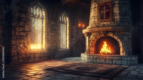 Majestic Stone Fireplace Blazing in Medieval Castle Hall