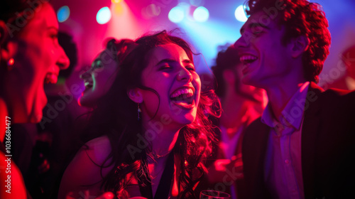 Wallpaper Mural Young adults laughing and enjoying a lively party at night with colorful lights Torontodigital.ca