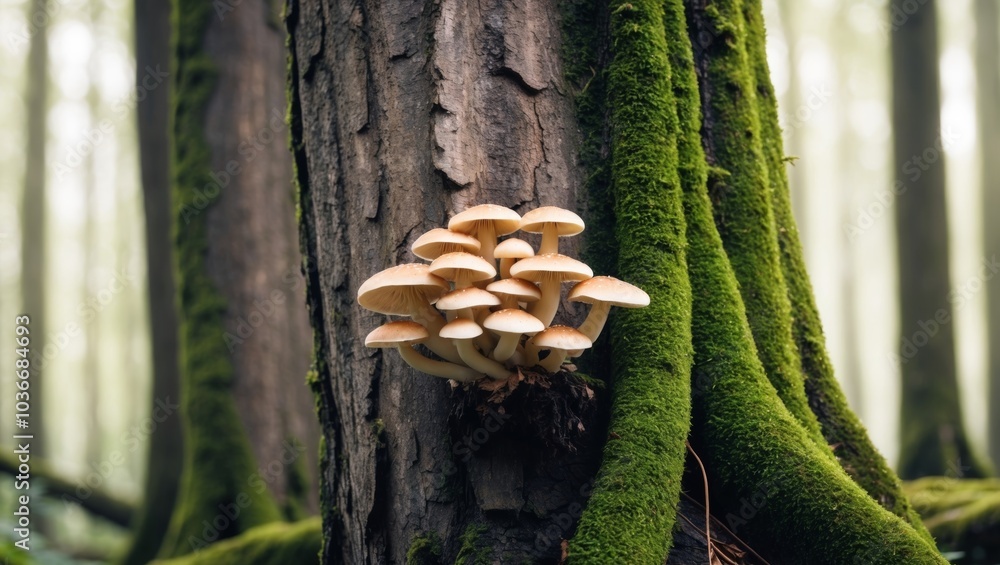 Cluster of mushrooms growing on tree side in forest with moss on tree bark. Cluster of mushrooms growing on tree side in forest with moss on tree bark.