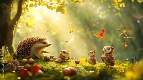 Vibrant Forest Creatures Collaborating to Gather Abundant Acorns in Sunlit Woodland Glade