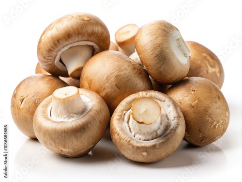 Fresh champignon mushrooms on a white background embody minimalism in photography, celebrating organic food and healthy cooking. Perfect for simple gourmet dishes and nature's bounty.