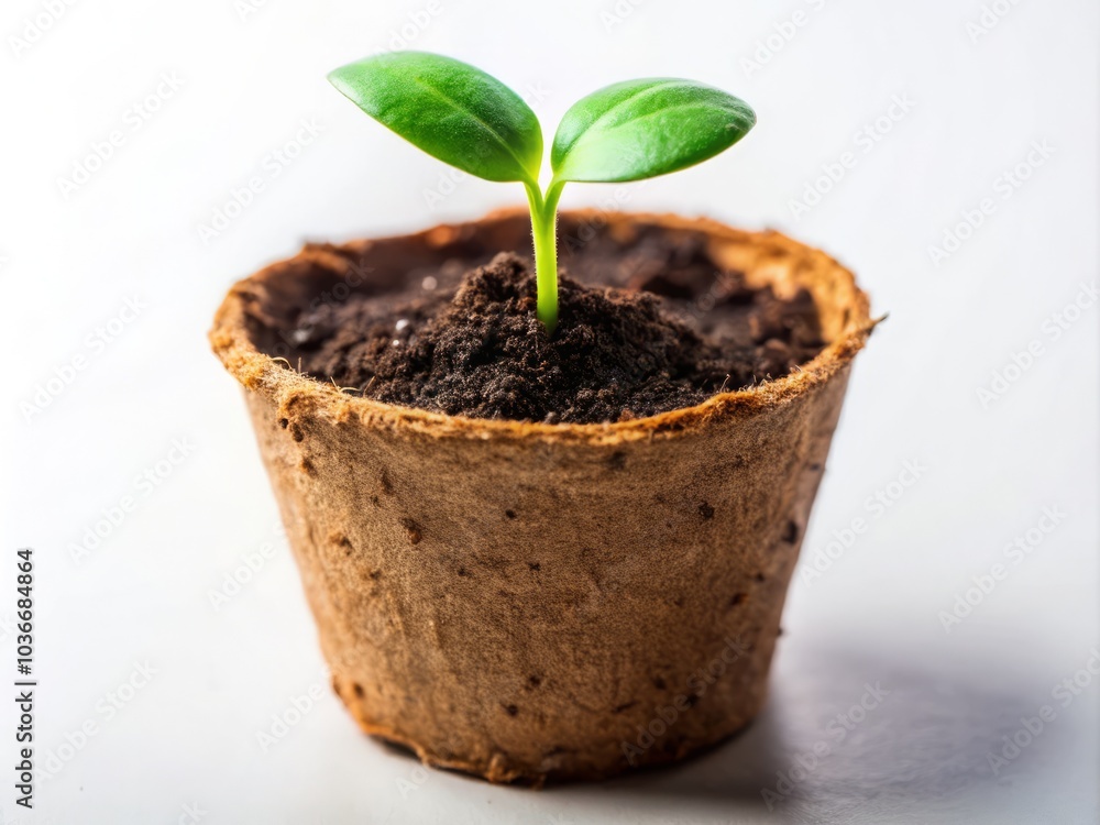 Fresh green sprout in a peat pot on white background symbolizes nature, growth, and sustainability. Ideal for eco-friendly gardening, home planting, and nurturing organic seedlings. Fresh green sprout in a peat pot on white background symbolizes nature, growth, and sustainability. Ideal for eco-friendly gardening, home planting, and nurturing organic seedlings.