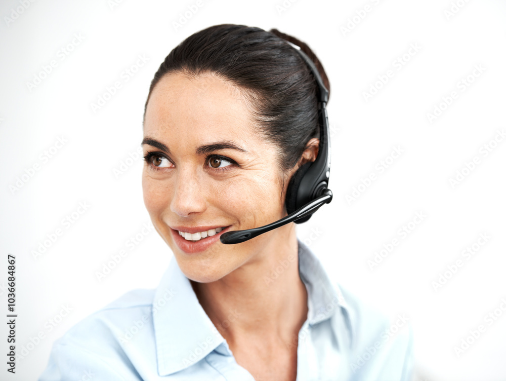 Woman, call centre agent and talk to contact in office, customer service and telemarketing operator. Female person, consultant and representative thinking at workplace, helping and white background Woman, call centre agent and talk to contact in office, customer service and telemarketing operator. Female person, consultant and representative thinking at workplace, helping and white background