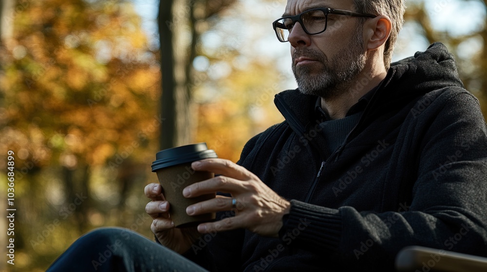 Middle-aged man with slight tremor holding cup of coffee on park bench, symbolizing struggle with Parkinson's disease, calm natural setting. Middle-aged man with slight tremor holding cup of coffee on park bench, symbolizing struggle with Parkinson's disease, calm natural setting.