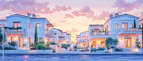 A serene neighborhood of modern white houses with lush greenery at sunset, exuding a calm and inviting atmosphere.