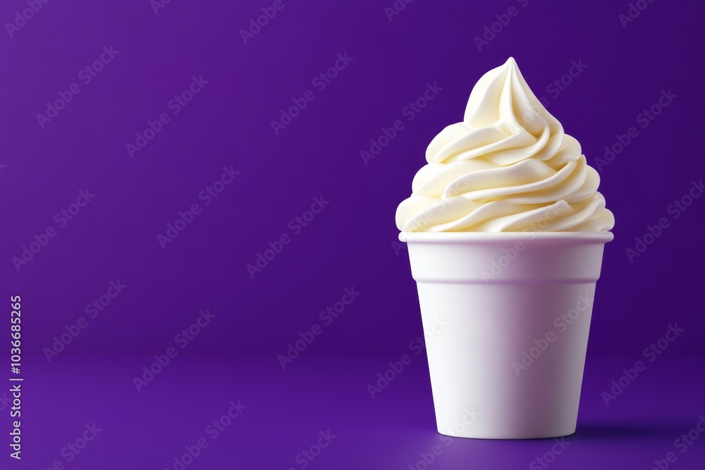 White ice cream cone is sitting on a purple background. The cone is filled with whipped cream and he is ready to be eaten White ice cream cone is sitting on a purple background. The cone is filled with whipped cream and he is ready to be eaten