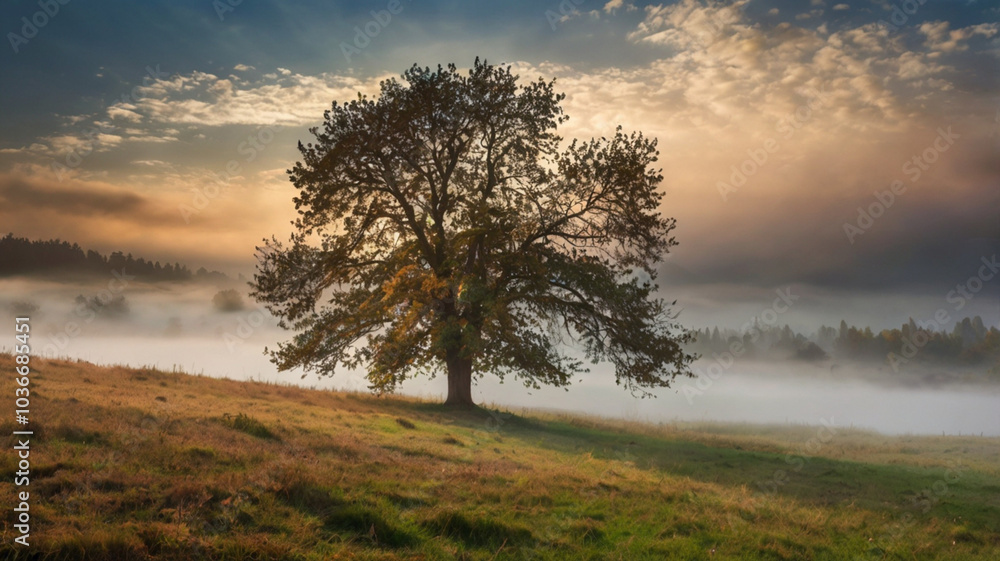 A lone tree surrounded by a blanket of mist, with golden foliage gently falling, evoking a sense of tranquility and reflection. A lone tree surrounded by a blanket of mist, with golden foliage gently falling, evoking a sense of tranquility and reflection.