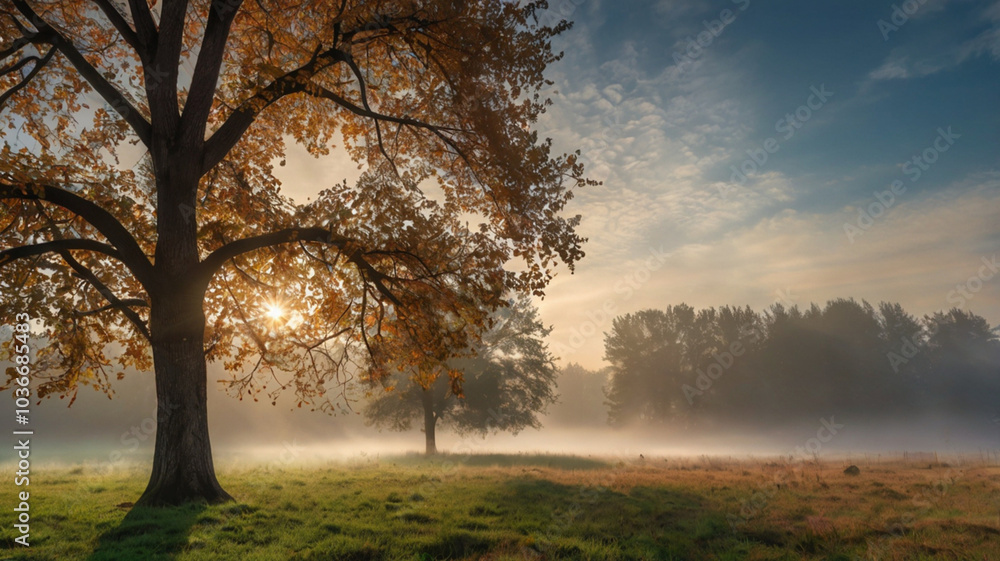 A single tree emerging from a serene, foggy expanse, showcasing the rich colors of fall while embodying the quiet beauty of nature. A single tree emerging from a serene, foggy expanse, showcasing the rich colors of fall while embodying the quiet beauty of nature.