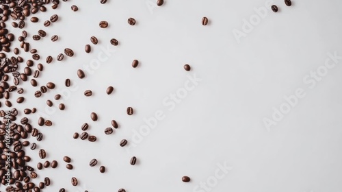 coffee beans scattered randomly on a smooth white background