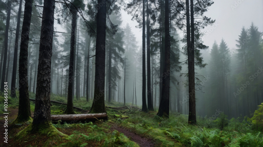 Naklejka premium A hauntingly beautiful scene of fog enveloping a pine forest, inviting exploration and sparking imagination in nature’s embrace.