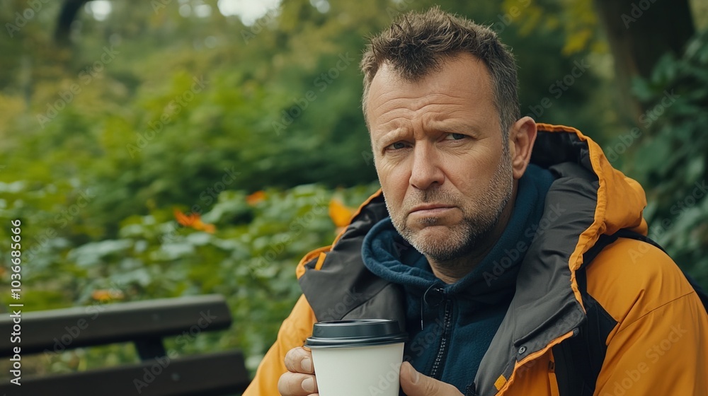 Middle-aged man with slight tremor holding cup of coffee on park bench, symbolizing struggle with Parkinson's disease, calm natural setting. Middle-aged man with slight tremor holding cup of coffee on park bench, symbolizing struggle with Parkinson's disease, calm natural setting.