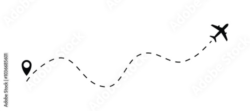 The plane icon follow from start pin point to finish by dashed line. Airplane dashed line path flat style design isolated on white background. Airplane route trace flight air map.