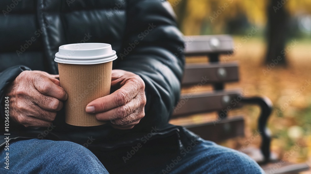 Middle-aged man with slight tremor holding cup of coffee on park bench, symbolizing struggle with Parkinson's disease, calm natural setting. Middle-aged man with slight tremor holding cup of coffee on park bench, symbolizing struggle with Parkinson's disease, calm natural setting.