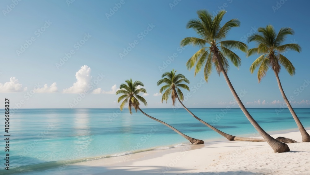 Idyllic Tropical Beach with Palm Trees and Clear Blue Water. Idyllic Tropical Beach with Palm Trees and Clear Blue Water.