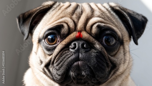 A tight shot of a pug's face with a red mark in its center. photo