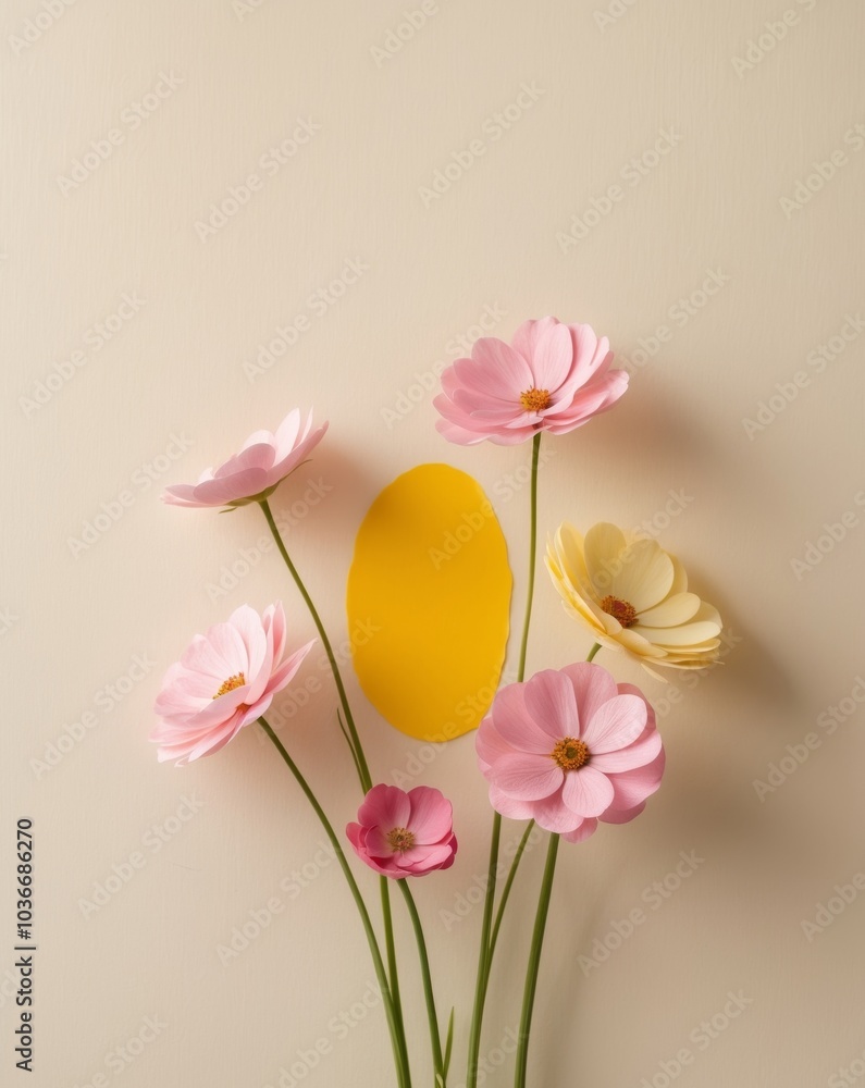 Pink and yellow flowers on beige background with central yellow spot. Pink and yellow flowers on beige background with central yellow spot.