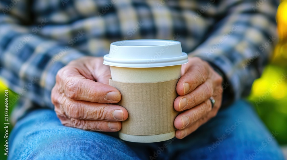 Middle-aged man with slight tremor holding cup of coffee on park bench, symbolizing struggle with Parkinson's disease, calm natural setting. Middle-aged man with slight tremor holding cup of coffee on park bench, symbolizing struggle with Parkinson's disease, calm natural setting.