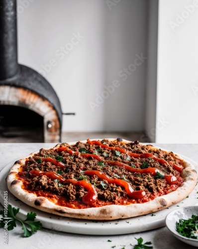 Minced meat pizza topped with tomato sauce and pomegranate molasses. photo