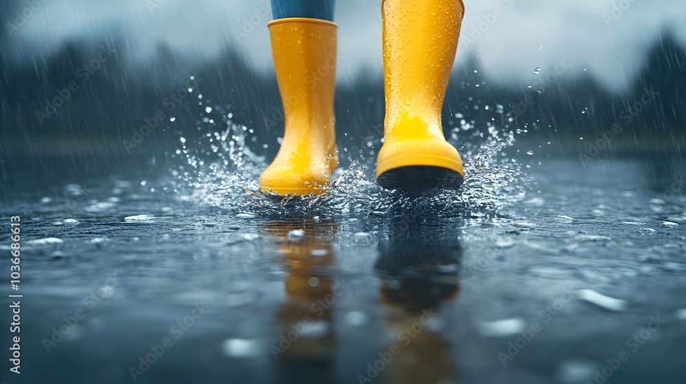 Vibrant Yellow Rain Boots Stomping Through Puddle in Moody Overcast Weather