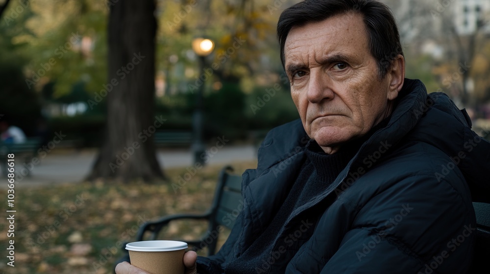 Middle-aged man with slight tremor holding cup of coffee on park bench, symbolizing struggle with Parkinson's disease, calm natural setting. Middle-aged man with slight tremor holding cup of coffee on park bench, symbolizing struggle with Parkinson's disease, calm natural setting.