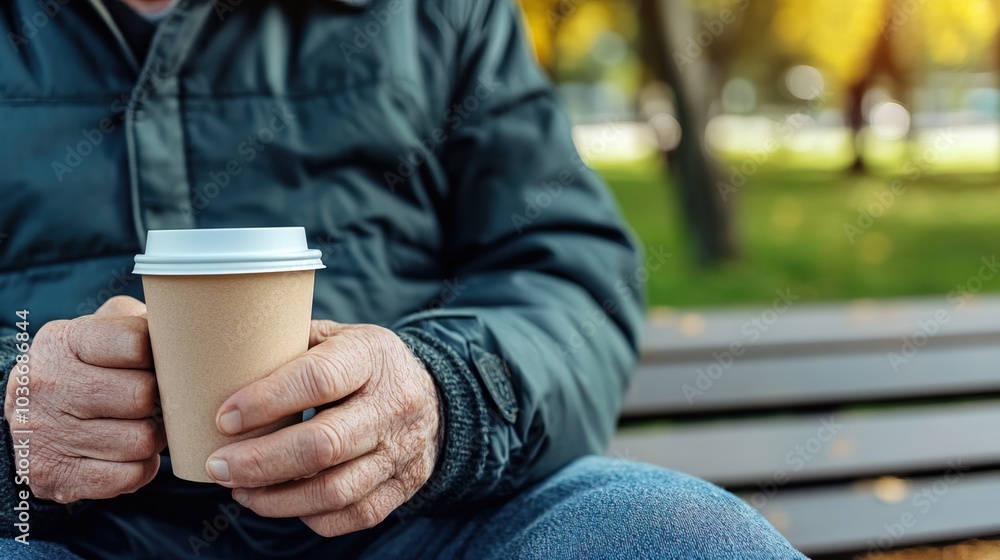 Middle-aged man with slight tremor holding cup of coffee on park bench, symbolizing struggle with Parkinson's disease, calm natural setting. Middle-aged man with slight tremor holding cup of coffee on park bench, symbolizing struggle with Parkinson's disease, calm natural setting.