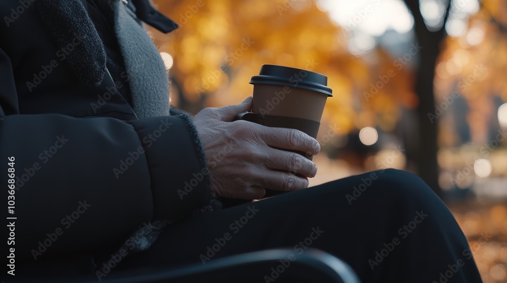 Middle-aged man with slight tremor holding cup of coffee on park bench, symbolizing struggle with Parkinson's disease, calm natural setting. Middle-aged man with slight tremor holding cup of coffee on park bench, symbolizing struggle with Parkinson's disease, calm natural setting.