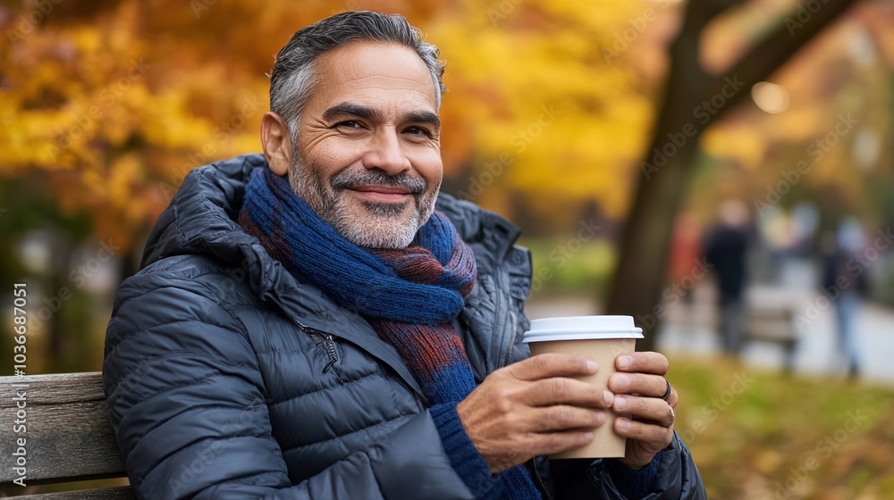 Middle-aged man with slight tremor holding cup of coffee on park bench, symbolizing struggle with Parkinson's disease, calm natural setting. Middle-aged man with slight tremor holding cup of coffee on park bench, symbolizing struggle with Parkinson's disease, calm natural setting.
