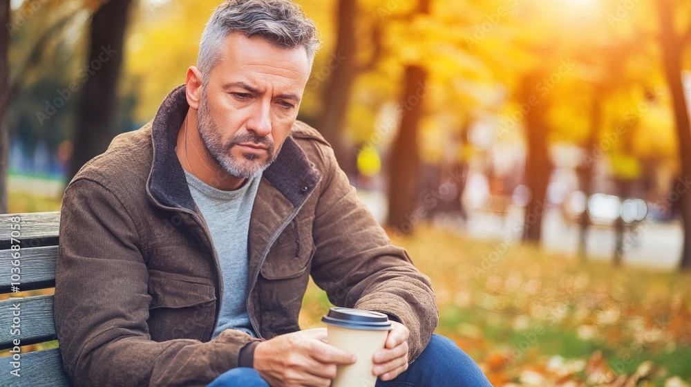 Middle-aged man with slight tremor holding cup of coffee on park bench, symbolizing struggle with Parkinson's disease, calm natural setting. Middle-aged man with slight tremor holding cup of coffee on park bench, symbolizing struggle with Parkinson's disease, calm natural setting.