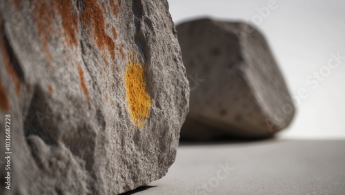 A tight shot of a weathered rock face exhibiting rust and a yellow mark in its center. photo