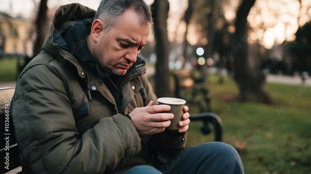 Middle-aged man with slight tremor holding cup of coffee on park bench, symbolizing struggle with Parkinson's disease, calm natural setting. Middle-aged man with slight tremor holding cup of coffee on park bench, symbolizing struggle with Parkinson's disease, calm natural setting.