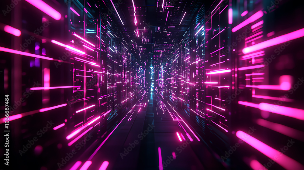 Data streams flowing through a dark space, highlighted by subtle neon magenta and geometric forms Data streams flowing through a dark space, highlighted by subtle neon magenta and geometric forms