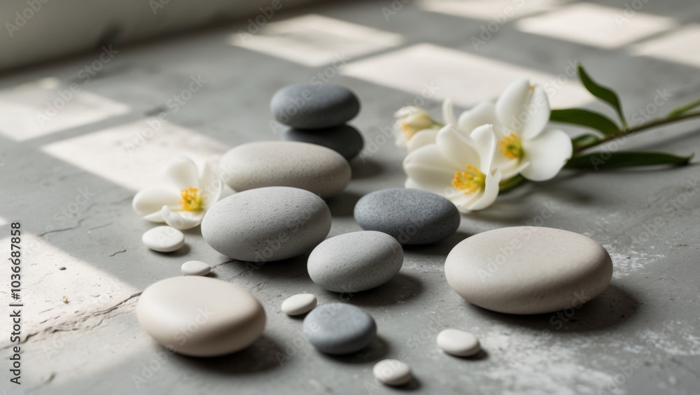 Spa Stones and White Flowers on Grey Concrete Background. Spa Stones and White Flowers on Grey Concrete Background.