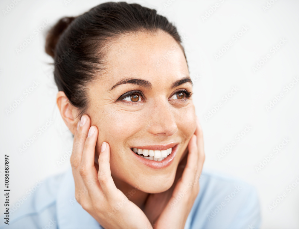 Woman, face and smile with thinking in studio of happy memory, daydreaming and reflection with mockup space. Person, confidence and thoughtful with wondering, insight and remember on white background Woman, face and smile with thinking in studio of happy memory, daydreaming and reflection with mockup space. Person, confidence and thoughtful with wondering, insight and remember on white background
