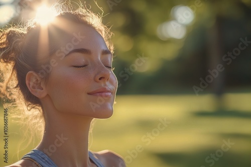 Close up a person happy sitting on a bench in garden joyful with light aura sunset Generative AI