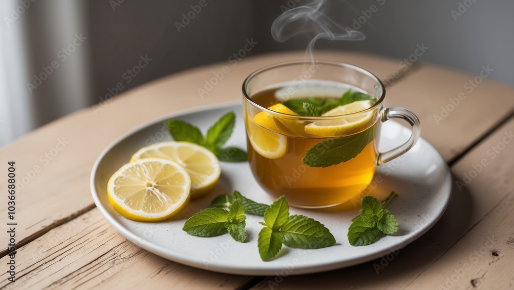 Refreshing ginger tea with slices of lemon and sprigs of mint on a charming wooden table. Refreshing ginger tea with slices of lemon and sprigs of mint on a charming wooden table.