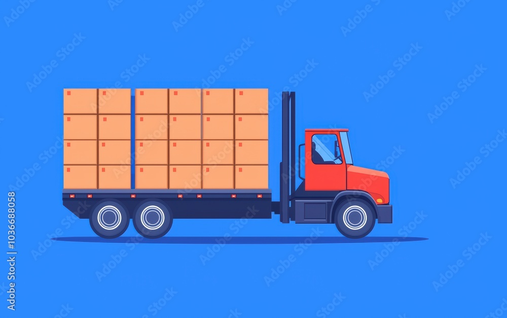 Naklejka premium A red delivery truck loaded with stacked boxes travels against a blue background, symbolizing logistics and transportation.