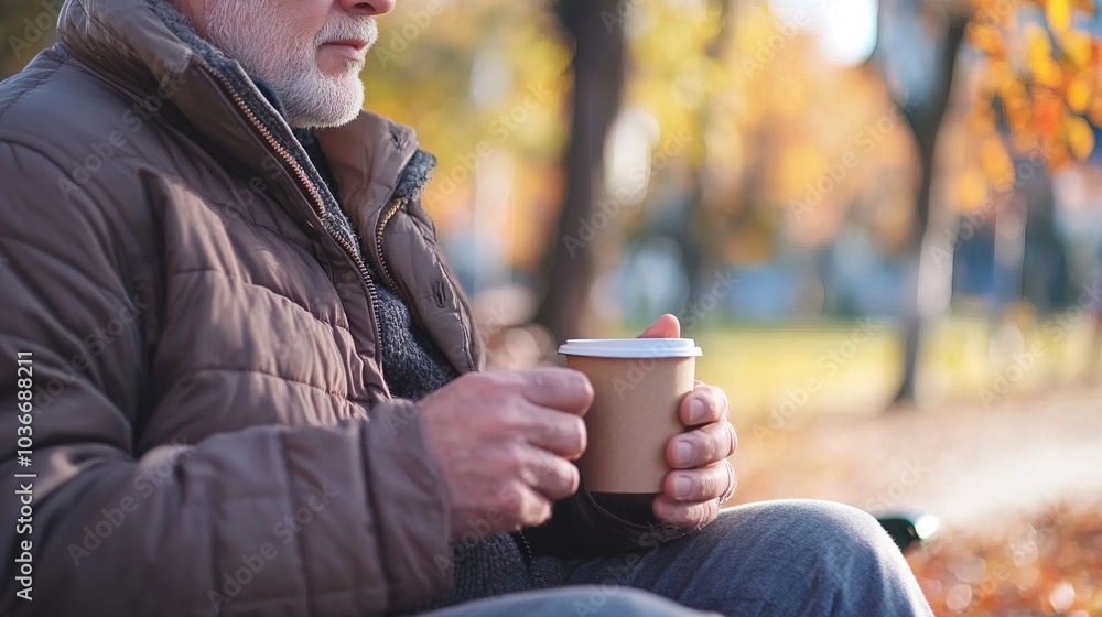 Middle-aged man with slight tremor holding cup of coffee on park bench, symbolizing struggle with Parkinson's disease, calm natural setting. Middle-aged man with slight tremor holding cup of coffee on park bench, symbolizing struggle with Parkinson's disease, calm natural setting.