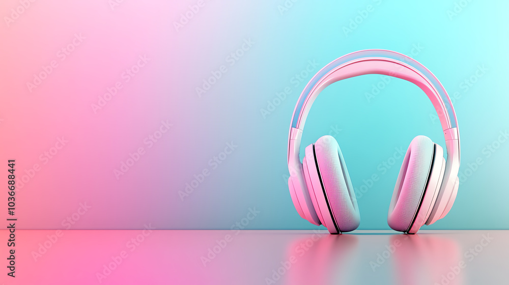 High-tech headphones on a metallic surface in neon-lit background. Side view emphasizing the futuristic design and glowing reflections. Technology tone, Analogous Color Scheme. High-tech headphones on a metallic surface in neon-lit background. Side view emphasizing the futuristic design and glowing reflections. Technology tone, Analogous Color Scheme.