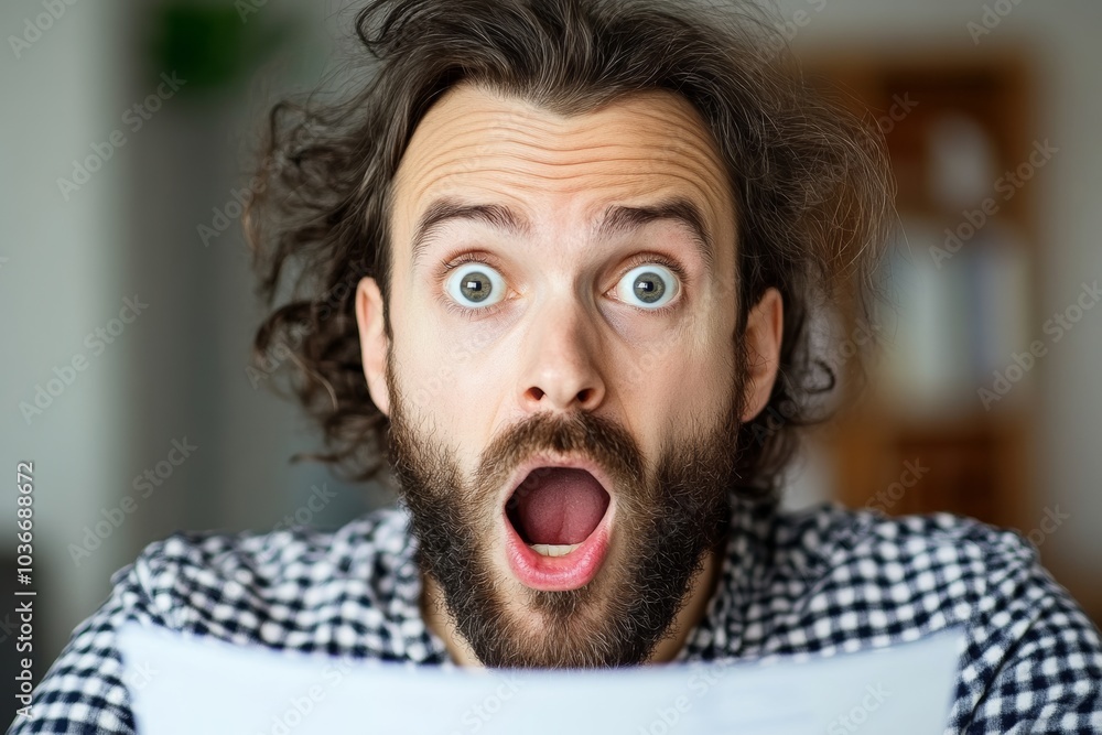 Man with a beard and a shocked expression on his face. He is holding a piece of paper in his hand Man with a beard and a shocked expression on his face. He is holding a piece of paper in his hand