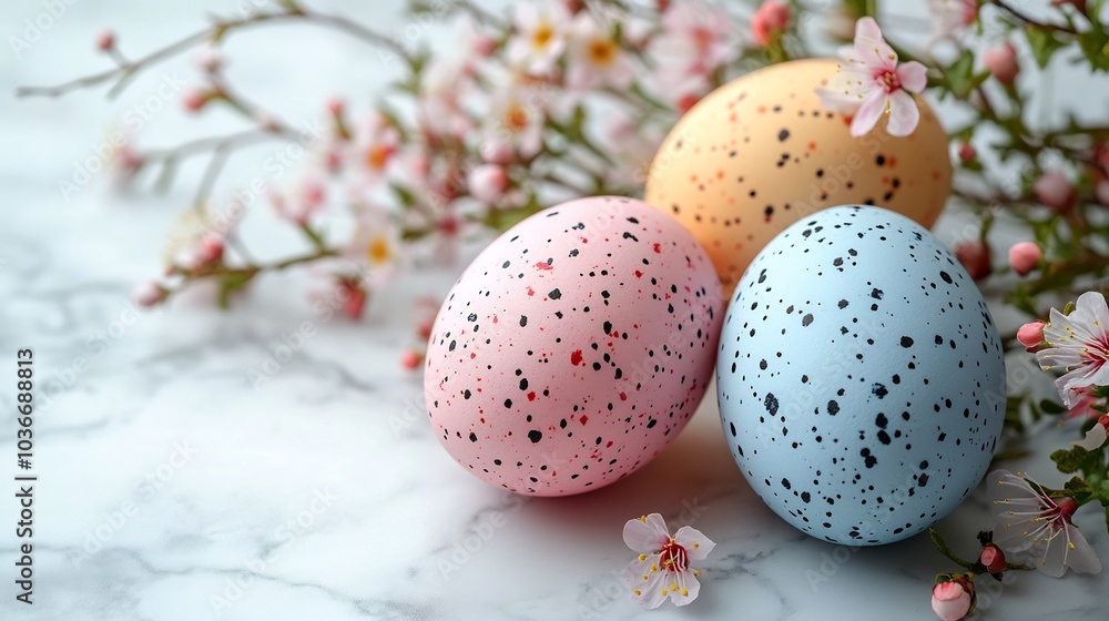 Pair of colorful eggs arranged on a smooth white background with minimalist floral accents The soft hues and simple composition create an elegant modern Easter card layout with room for text Pair of colorful eggs arranged on a smooth white background with minimalist floral accents The soft hues and simple composition create an elegant modern Easter card layout with room for text