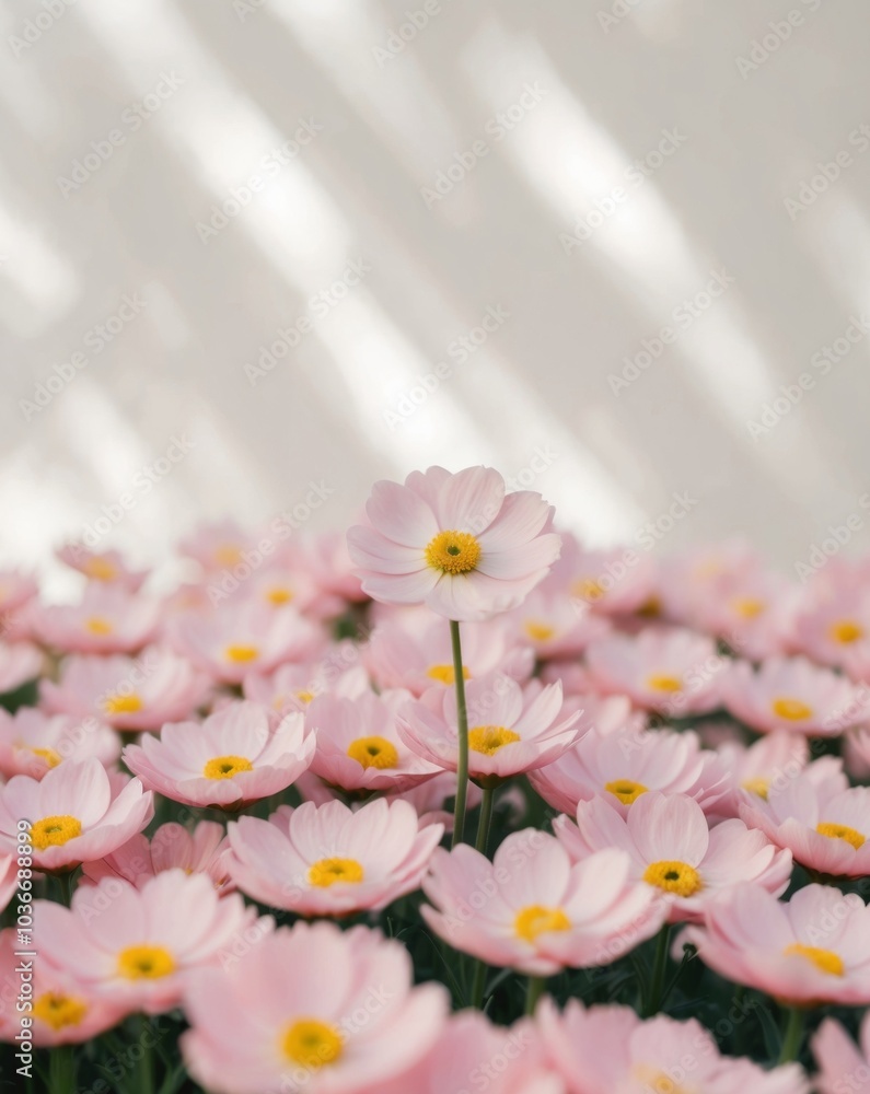 A pink flower with a yellow center atop a field of pink flowers and a yellow center. A pink flower with a yellow center atop a field of pink flowers and a yellow center.