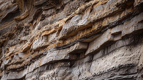 A close-up shot of a cliffside, focusing on layers of sedimentary rock and fossil imprints. photo