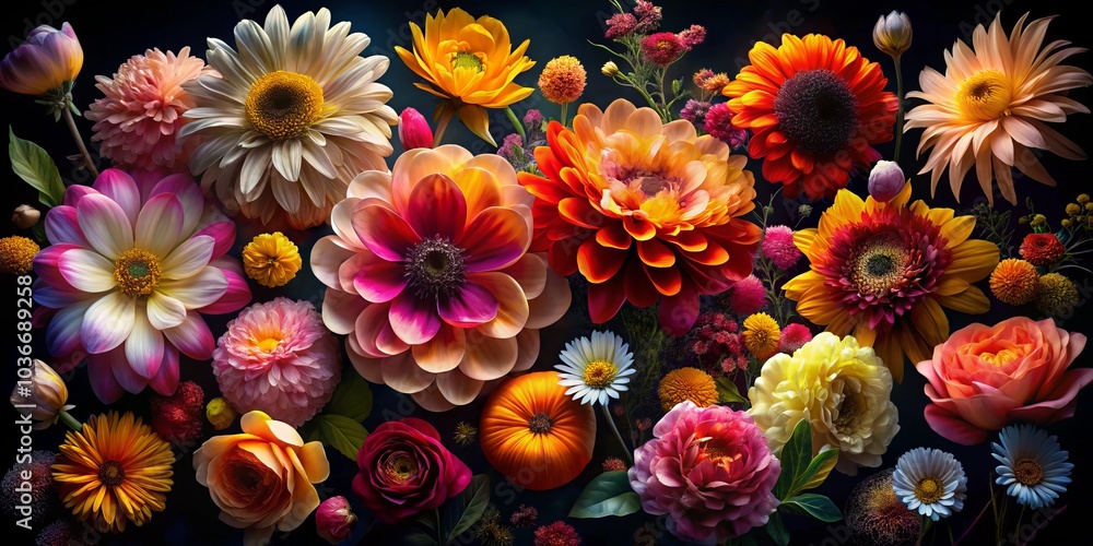 Naklejka premium Mesmerizing double exposure artwork featuring blooming flowers on a dark background; vivid floral patterns come to life in a striking fusion of nature and artistic expression.