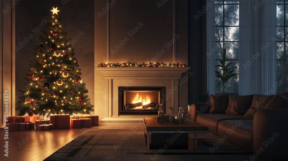 Christmas tree decorated with lights and gifts inside the house with fireplace Christmas tree decorated with lights and gifts inside the house with fireplace