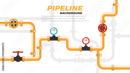 Yellow Pipelline background .Industrial background with pipeline. Oil, water or gas pipeline with fittings and valves	