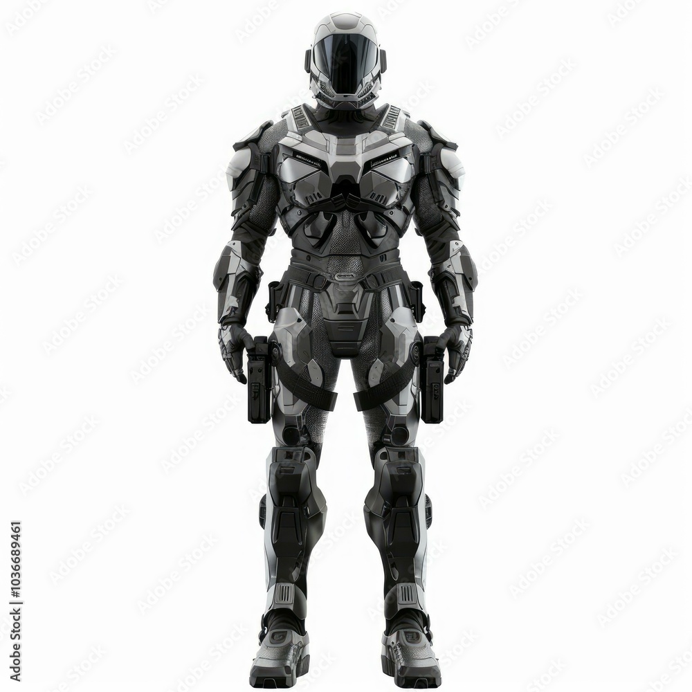 Science fiction soldier in futuristic full body armor stands guard holding weapons Science fiction soldier in futuristic full body armor stands guard holding weapons