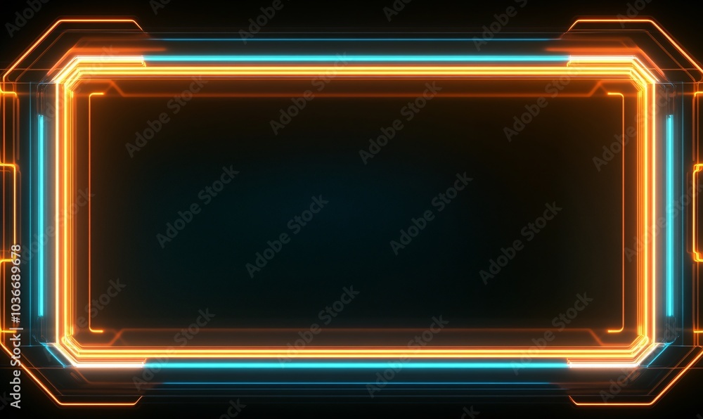 A futuristic glowing frame with vibrant blue and orange neon lights on a dark background, perfect for digital designs and futuristic themes.