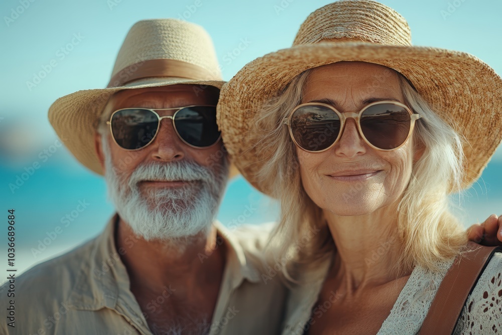 Happy senior couple enjoying a sunny beach day together, smiling and wearing straw hats and sunglasses Happy senior couple enjoying a sunny beach day together, smiling and wearing straw hats and sunglasses