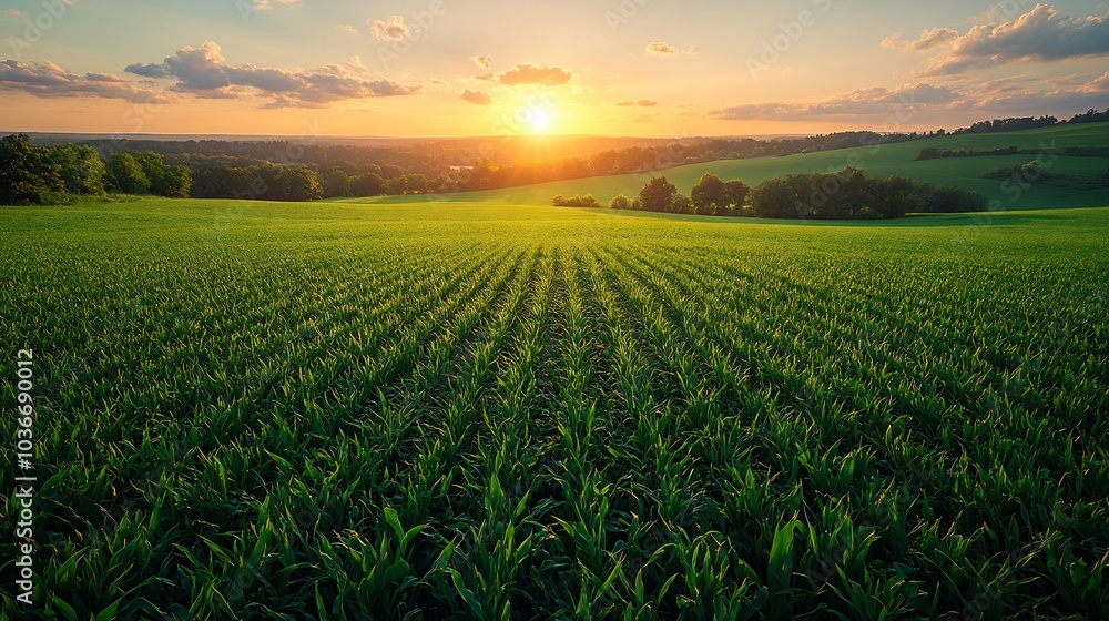 Panoramic view of expansive green grass stretching towards the horizon bathed in the soft light of a stunning sunset The colors blend seamlessly evoking a sense of renewal and tranquility